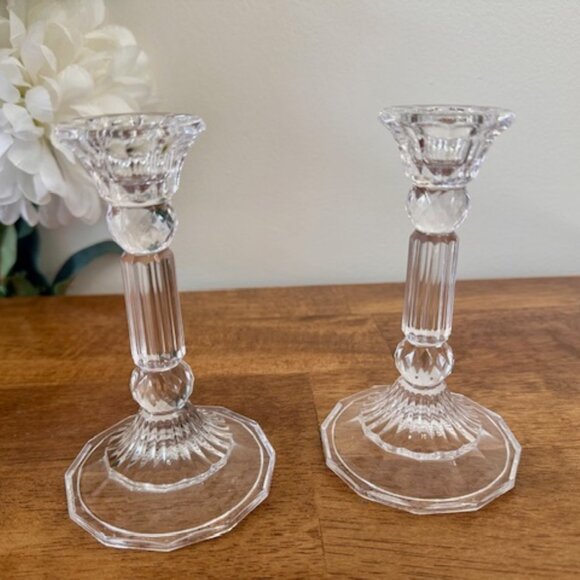 Vintage‎ Clear Pressed Glass Candle Holders – Elegant Faceted Pair - Picture 1 of 5